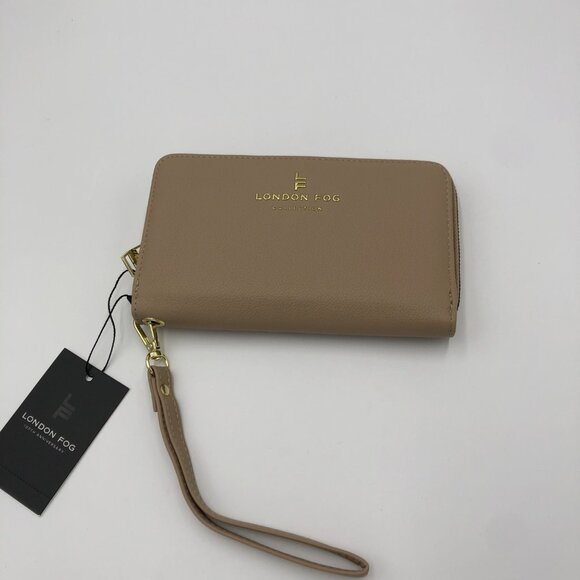 London Fog Bradford Single Zip Wallet With Front‎ Flap & Wrist Strap Latte NWT - Picture 1 of 7